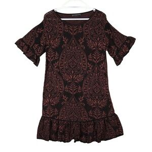 Peruvian Connection St. Germain pima Cotton jacquard dress Ruffled brocade Sz S